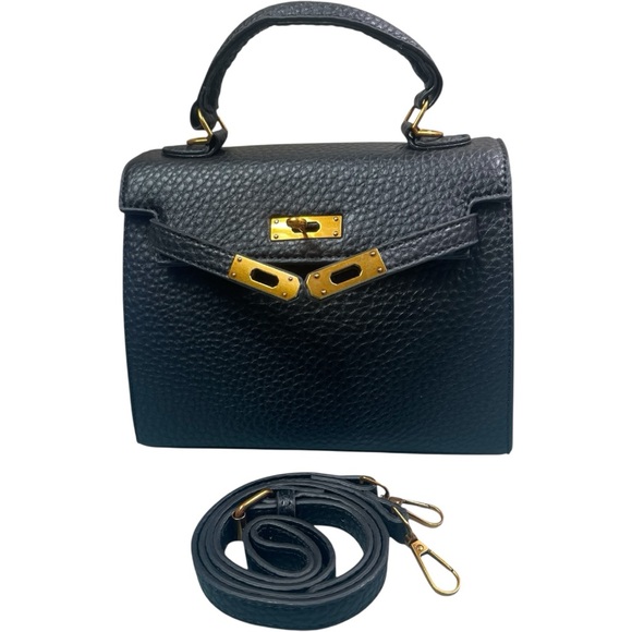 Black Kelly Textured Designer Turnlock Shoulder Crossbody Bag - Picture 3 of 13